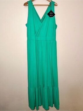 Ava & Viv NWT Green Faux Wrap Sleeveless Maxi Dress 2X 20/22 Pockets